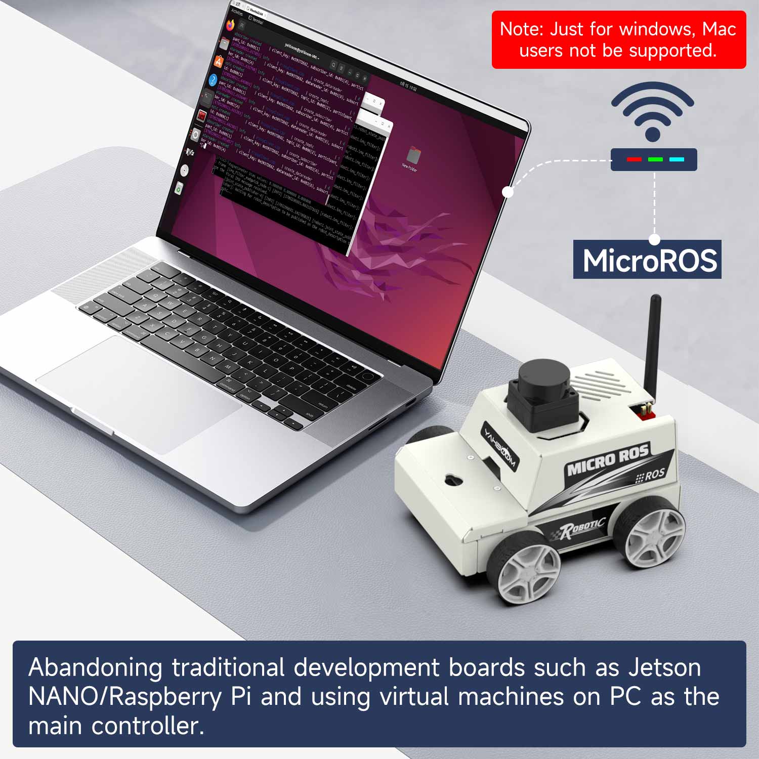 MicroROS robot car connected by Wi‑Fi to laptop virtual machine controller, setup graphic