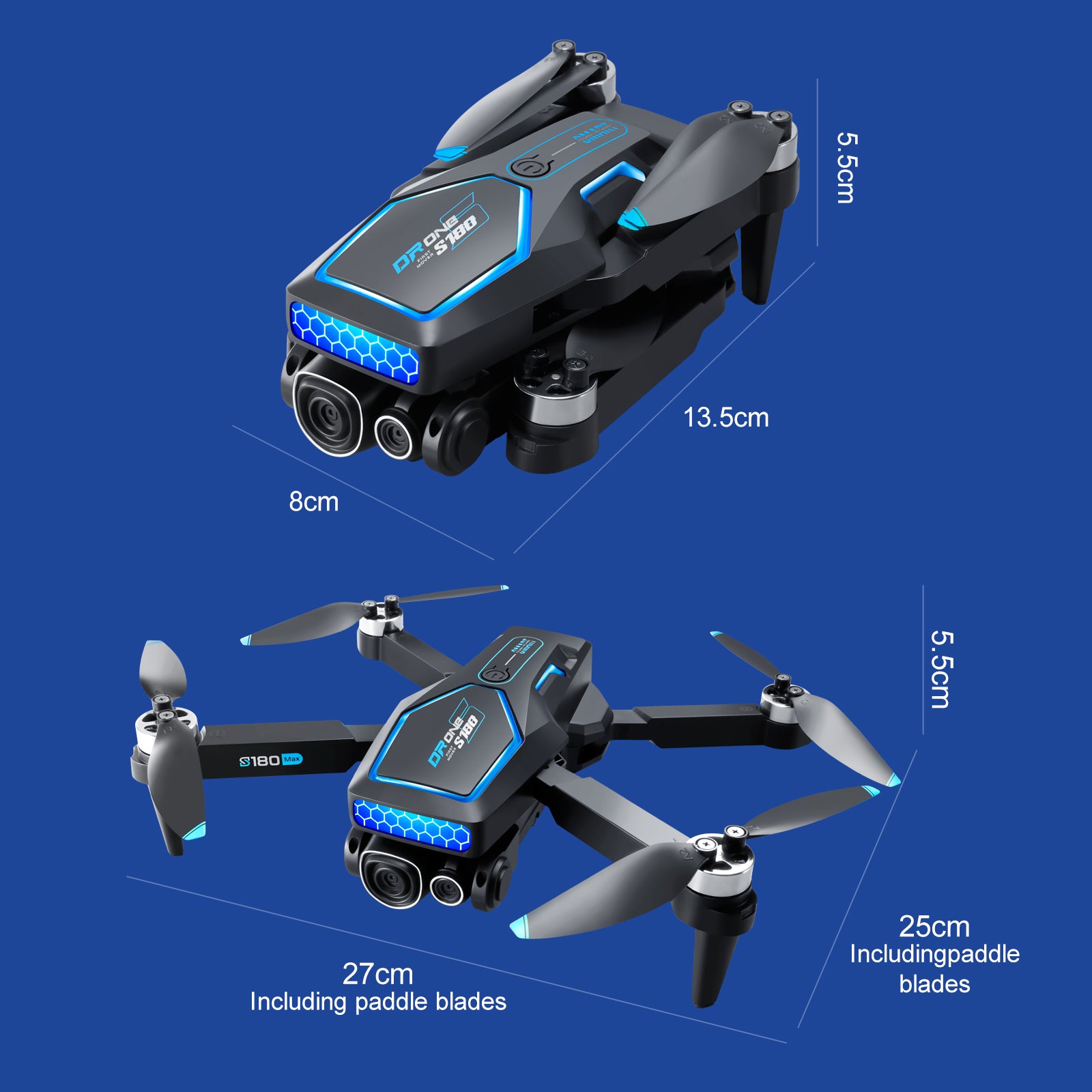 S180 Drone, Compact drone with paddle blades, measures 25cm (9.8in) with detachable paddle.