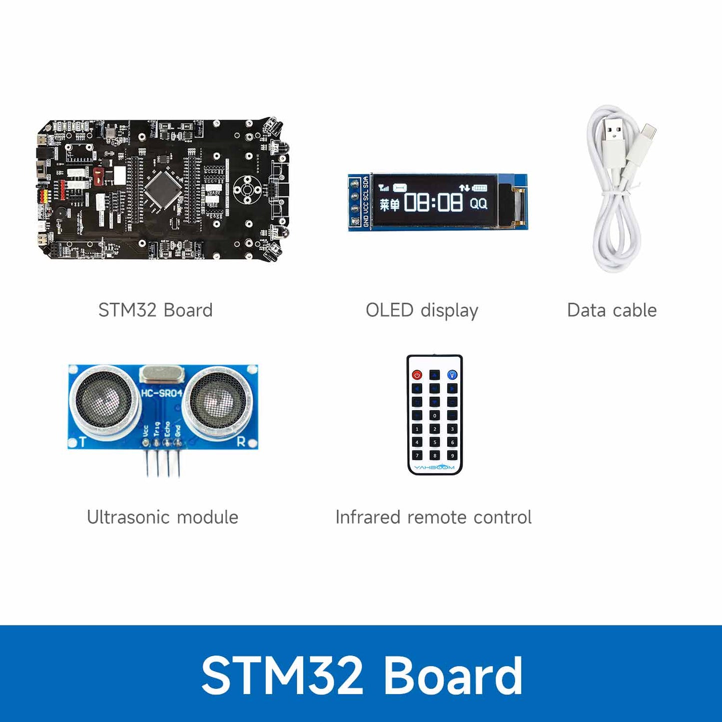 Yahboom STM32 smart car development board kit with STM32 board, OLED display, USB cable, ultrasonic sensor, IR remote