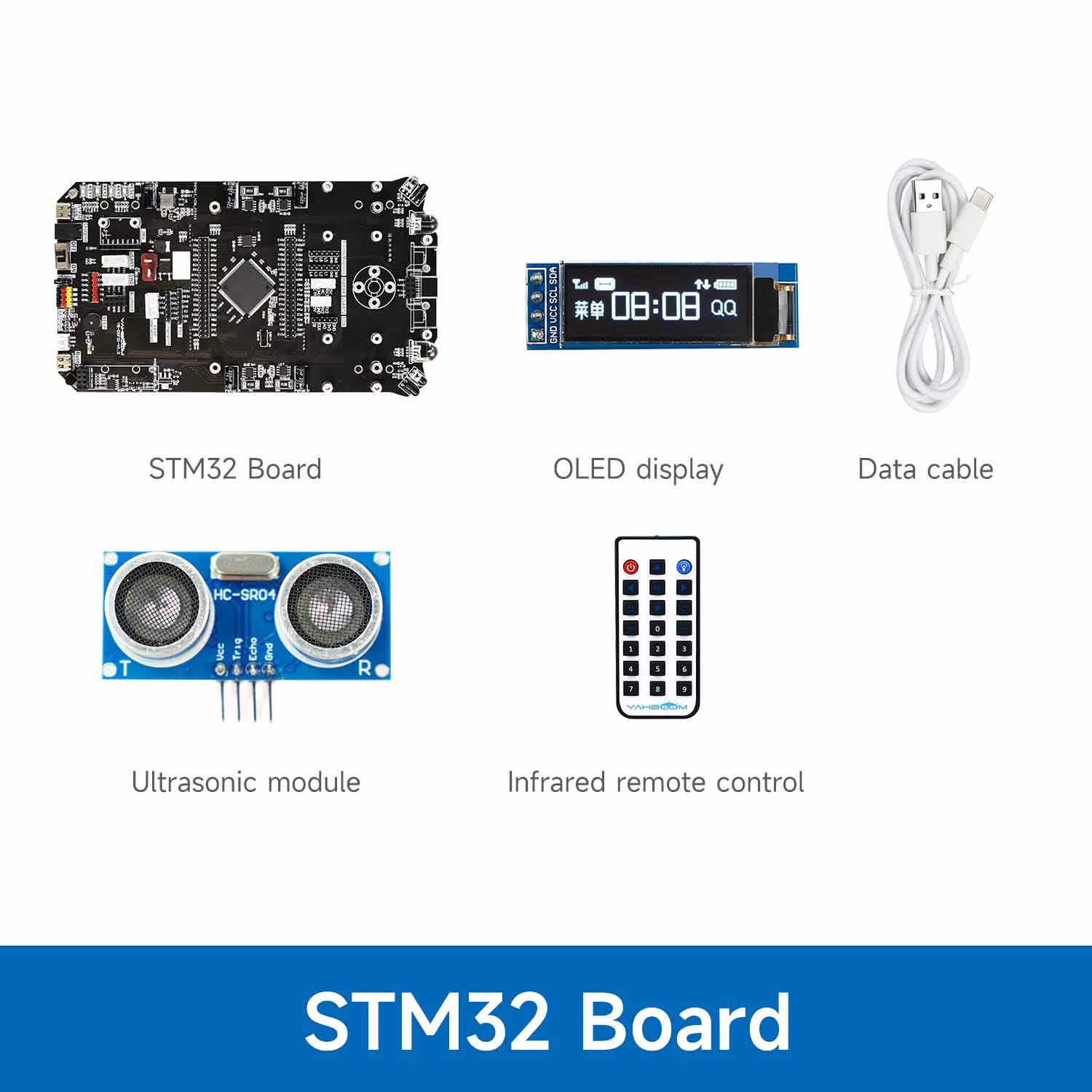 Yahboom STM32 smart car development board kit with STM32 board, OLED display, USB cable, ultrasonic sensor, IR remote