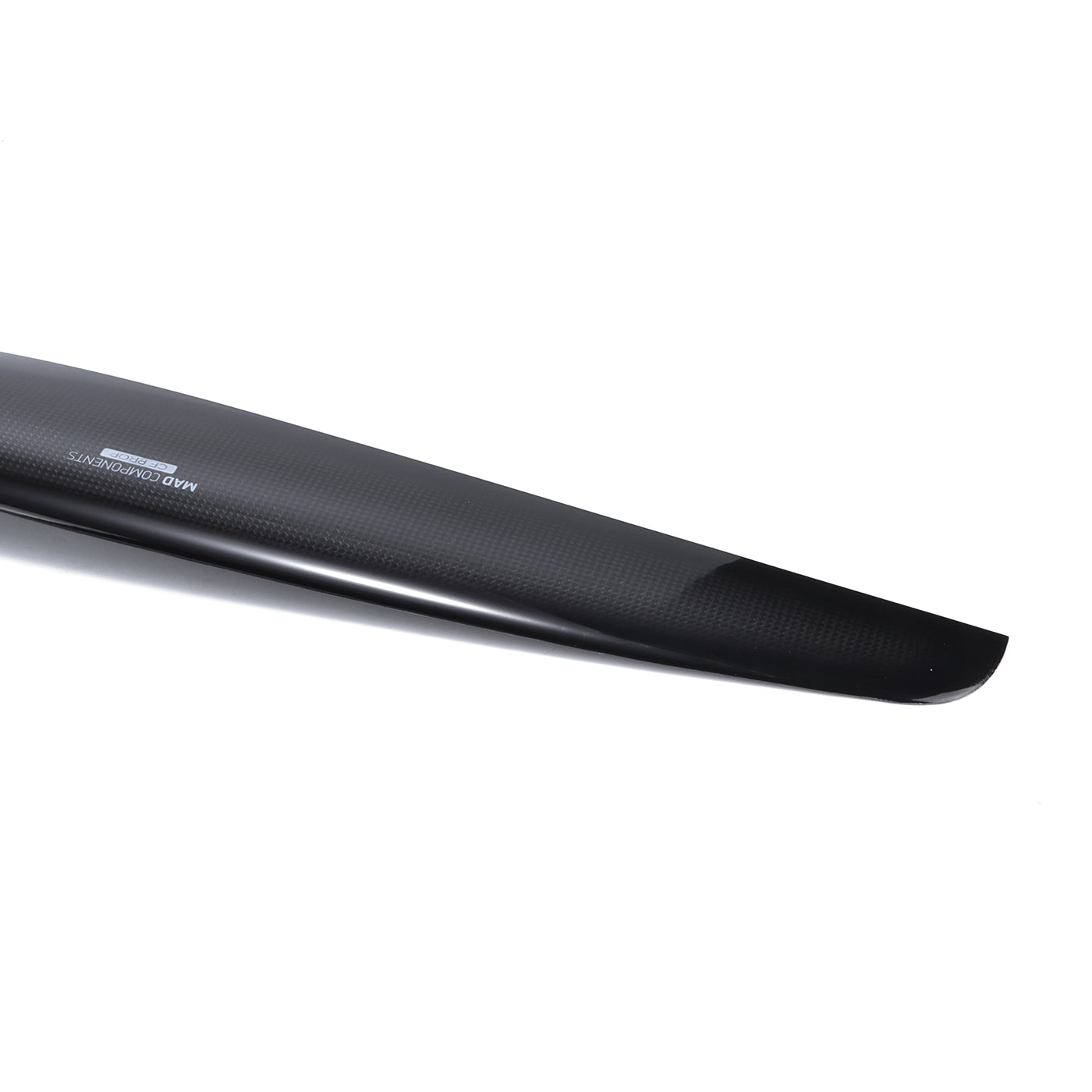 Close-up of a glossy black carbon fiber MAD paramotor propeller blade with a rounded tip