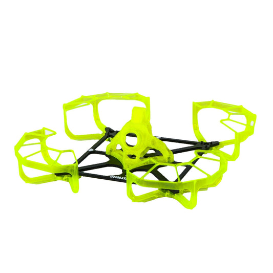 Flywoo Firefly Nano Baby 20 FPV drone frame kit with neon yellow ducted guards and carbon fiber base