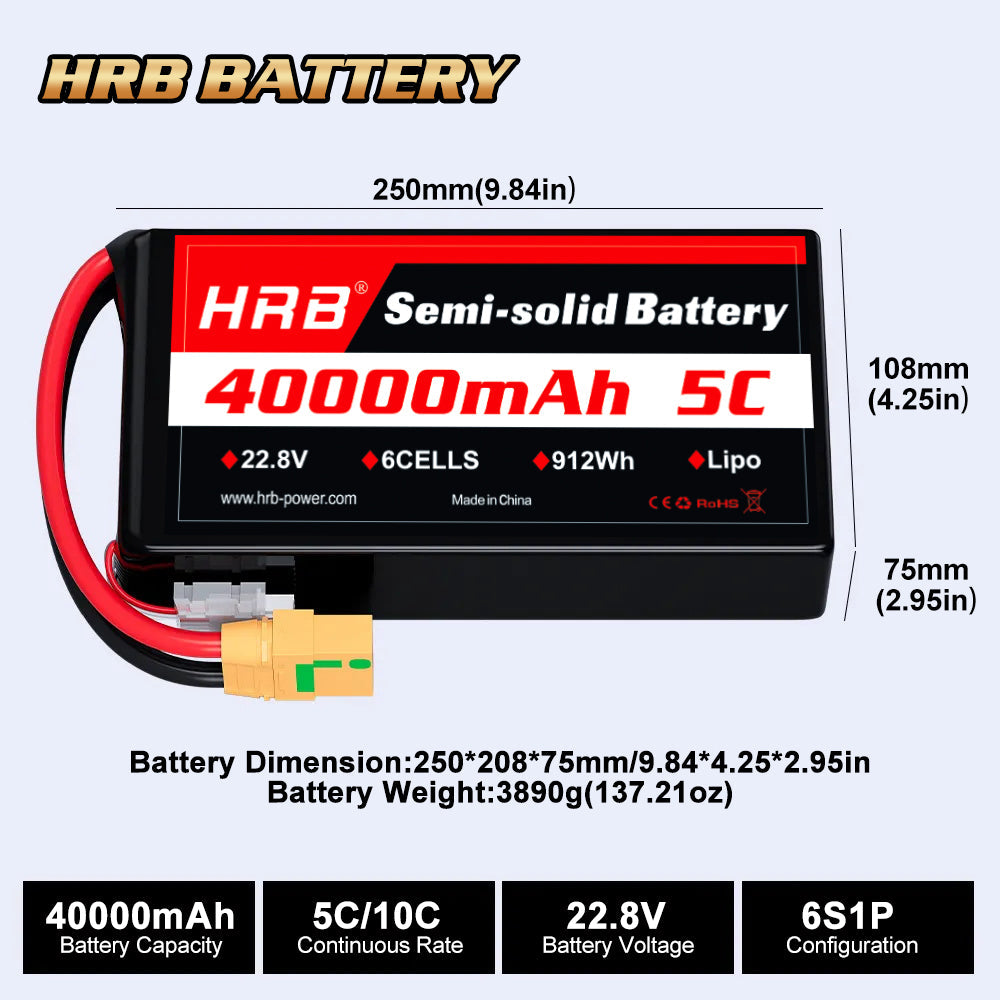 HRB 40000mAh semi-solid battery size chart showing 250×108×75mm dimensions and 3890g weight