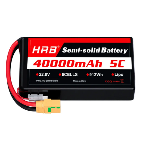 HRB 40000mAh 6S 22.8V semi-solid LiPo battery 5C with XT90-S plug, front label view