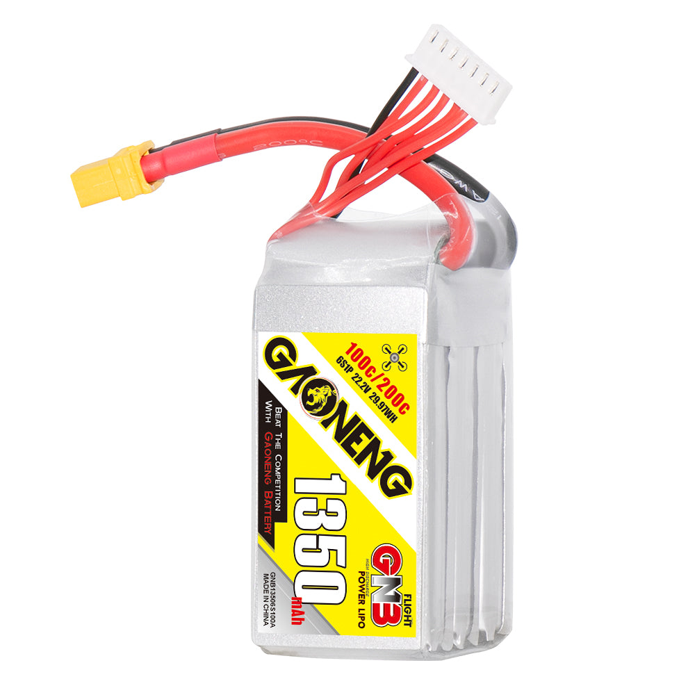 Single GAONENG GNB 1350mAh LiPo battery standing upright, showing label and lead wires