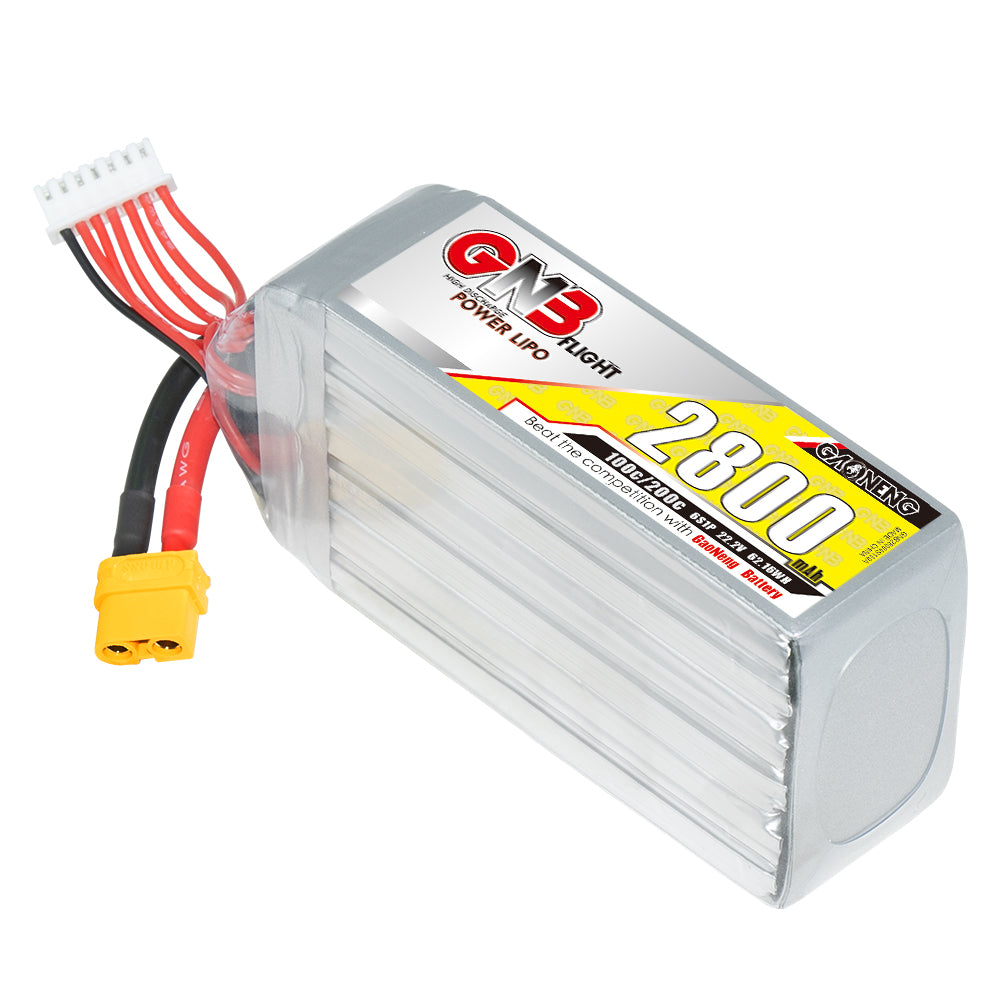 GAONENG GNB 2800mAh LiPo battery angled view highlighting ribbed case and XT60 lead