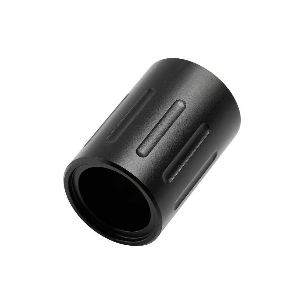 Full CNC Cylinder Lens, Black CNC-machined cylinder lens housing with grooved exterior and open barrel design