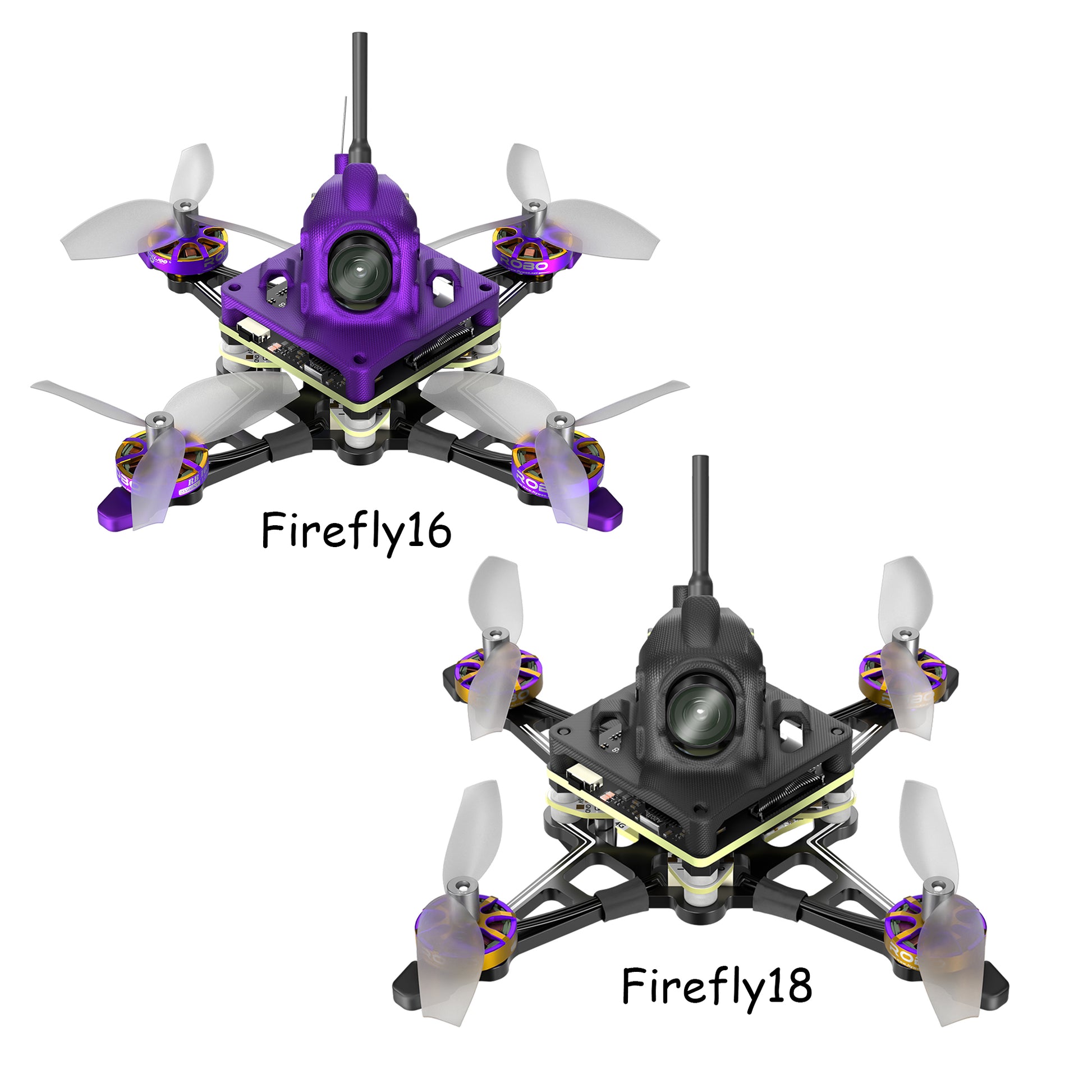 Firefly 16/18 1S Nano Baby V3 HDZero Tiny Drone, Firefly16 and Firefly18 1S nano FPV drones with front camera, top antenna, and four-blade propellers