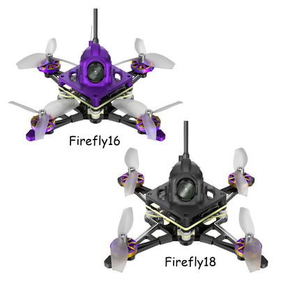Firefly 16/18 1S Nano Baby V3 HDZero Tiny Drone, Firefly16 and Firefly18 1S nano FPV drones with front camera, top antenna, and four-blade propellers