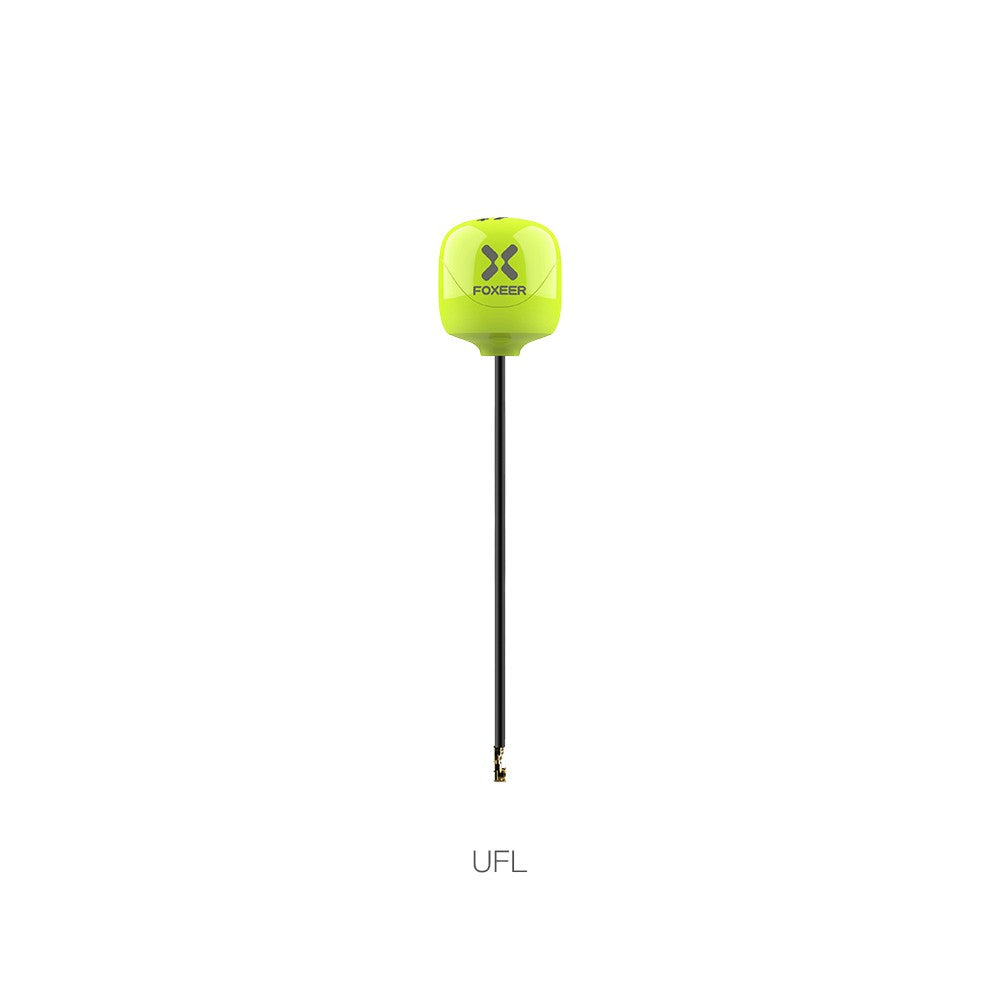 Foxeer Lollipop 4 Plus 5.8GHz FPV omni antenna with green cap, long coax lead, and UFL connector