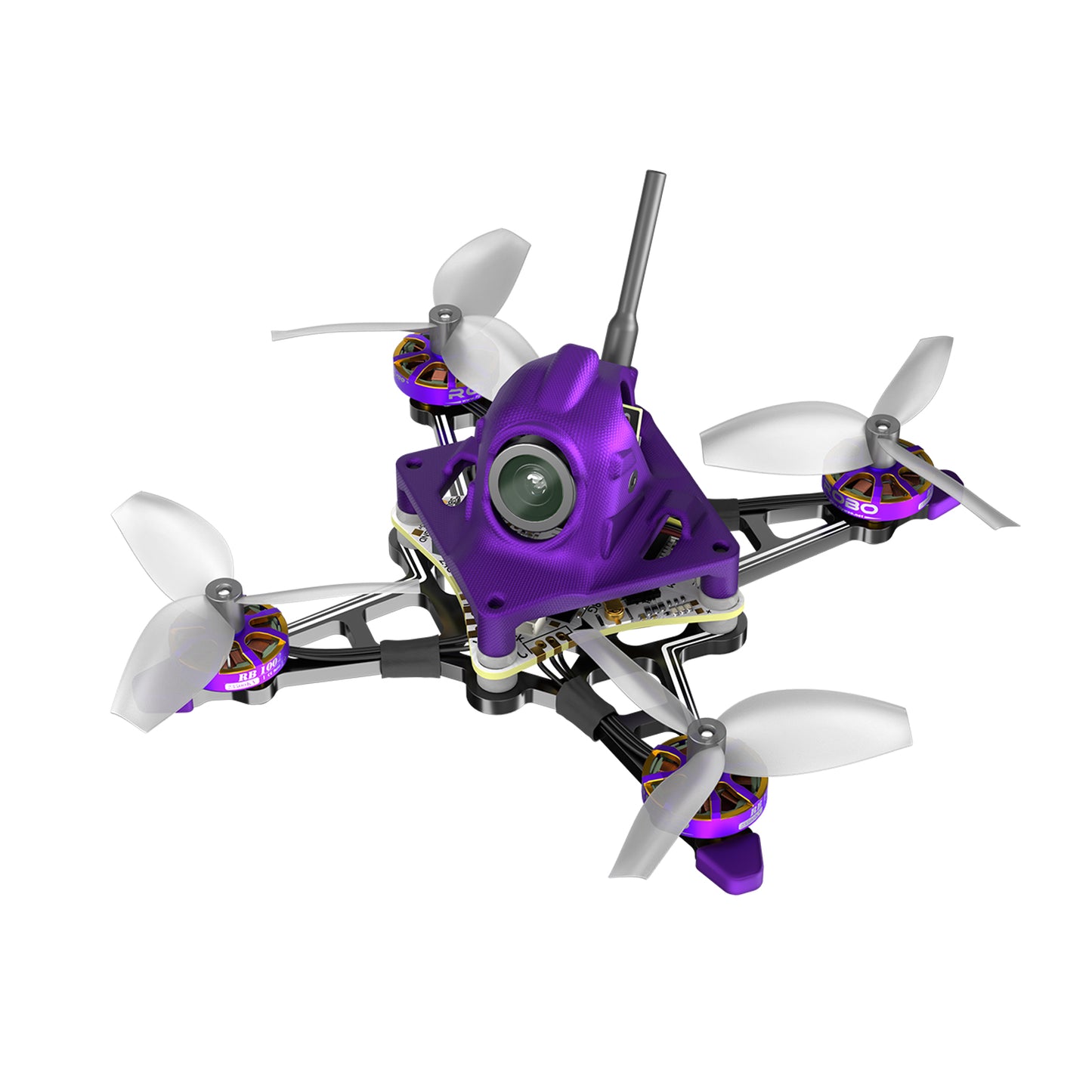 Firefly 1S nano FPV quadcopter with purple canopy, front camera, whip antenna, and four tri-blade props