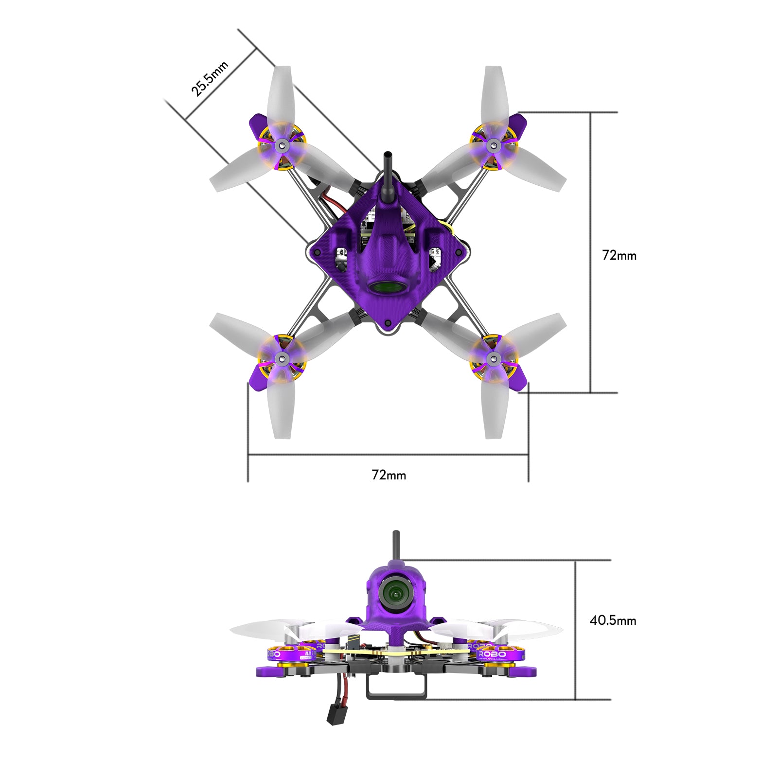 Firefly Nano Baby V3 tiny FPV drone with purple canopy, 72mm frame span, 25.5mm props and 40.5mm height