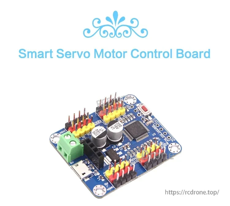 16-Channel Bluetooth PWM servo driver controller board with USB port, 16 servo headers, and power terminal