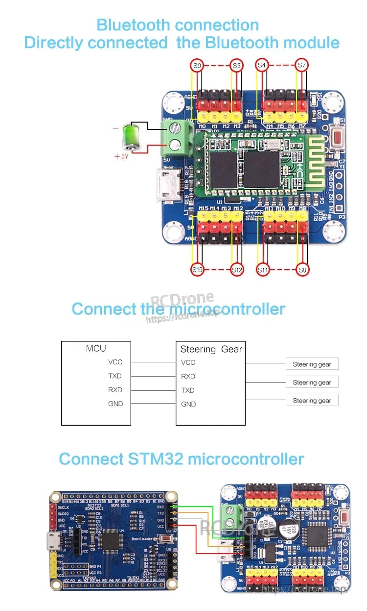 Bluetooth module connection and microcontroller wiring diagram for 16-Channel Bluetooth PWM servo controller