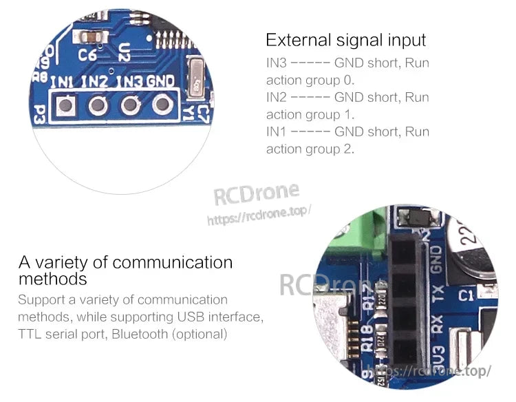 External signal input header IN1/IN2/IN3/GND and communication pads for USB, TTL serial, and optional Bluetooth