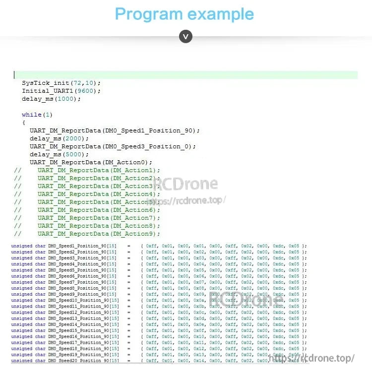 UART program example code for controlling servo position and speed using action commands