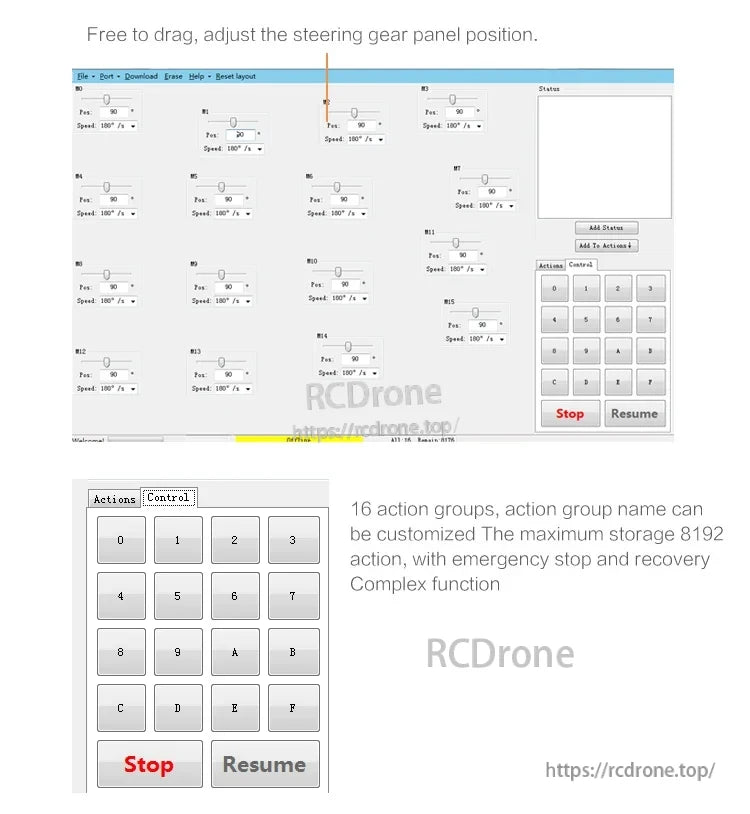 PC software control panel with 16 servo channels, action group buttons, and stop/resume controls