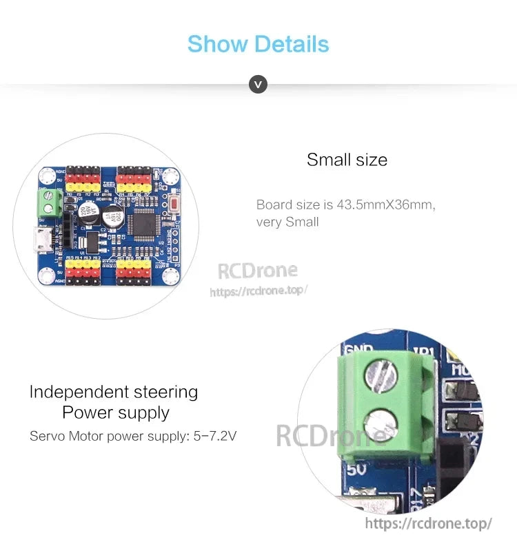 Compact PCB detail highlighting small footprint and independent 5–7.2V servo motor power supply terminal