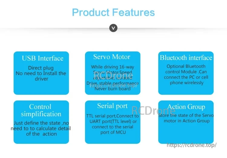 Product features overview highlighting USB plug-and-play, 16-channel servo drive, UART, Bluetooth option, and action groups