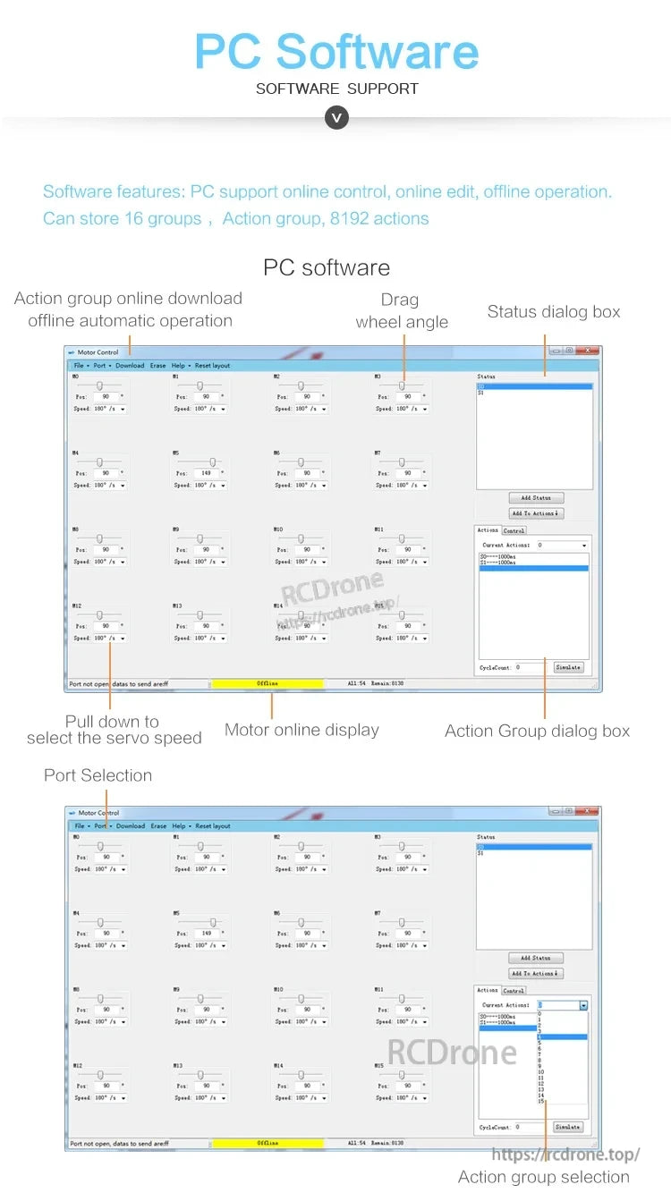 PC software interface for editing servo angles, speeds, and action groups with online/offline operation