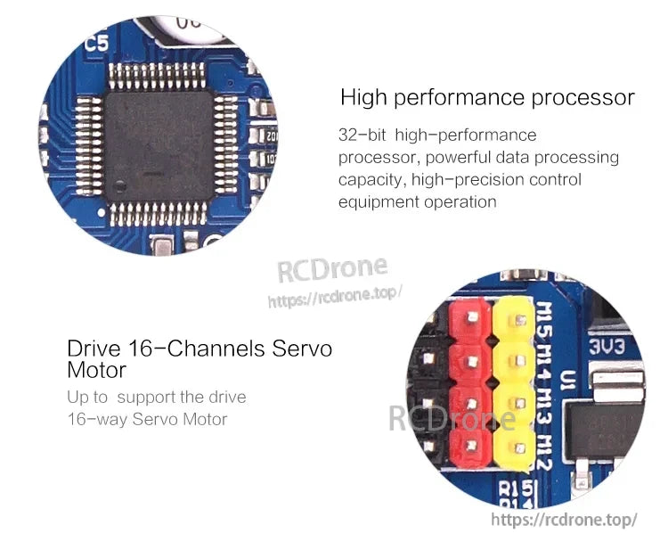Close-up of the onboard MCU and 16-channel servo output header pins on the controller PCB