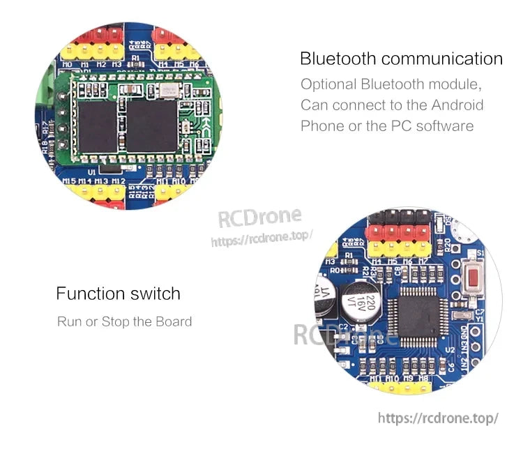 Optional Bluetooth module area and run/stop function switch detail on the servo controller board