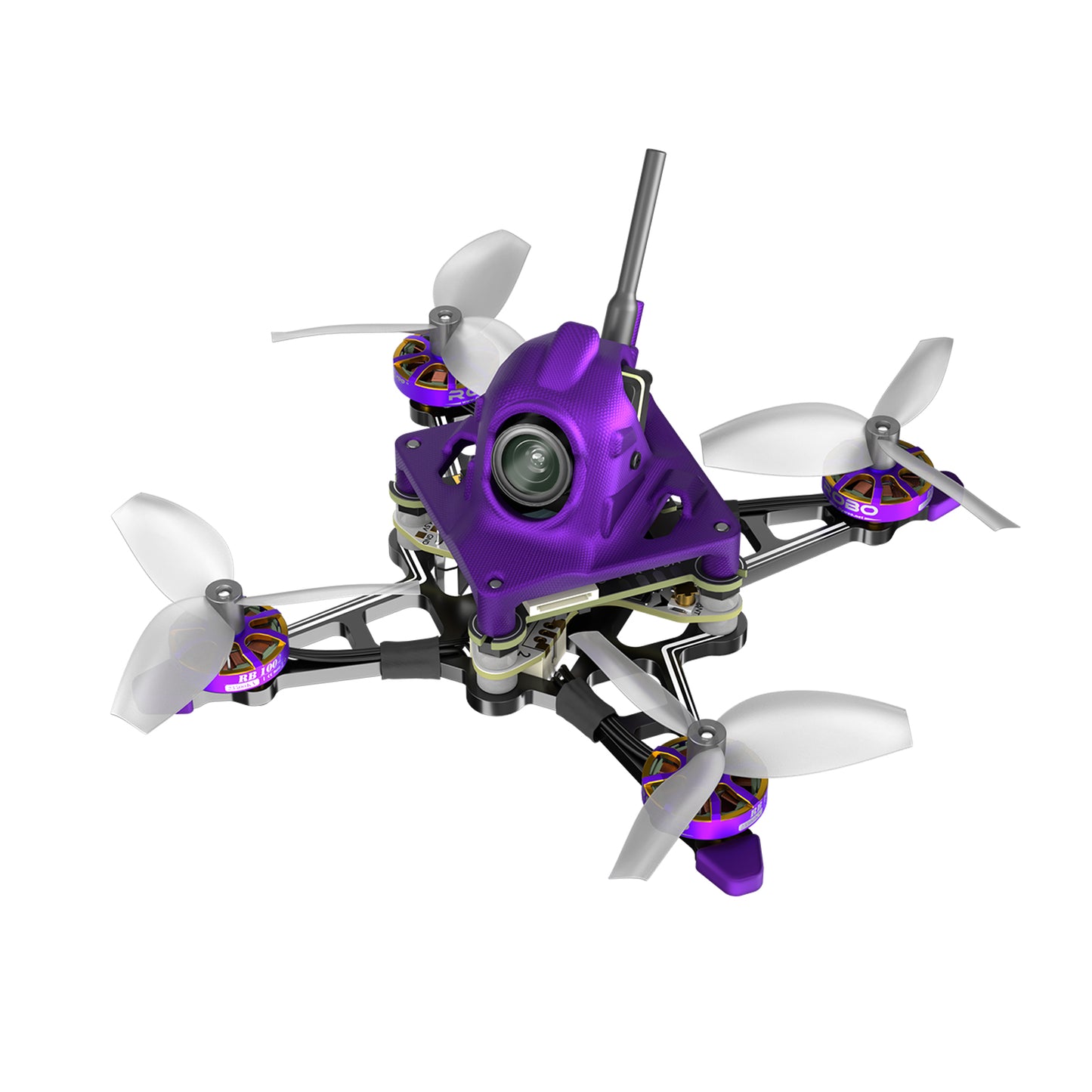 Firefly 16/18 1S Nano Baby V3 HDZero Tiny Drone, Firefly 1S Nano Baby V3 HDZero tiny drone with purple canopy, front camera, antenna, and four propellers