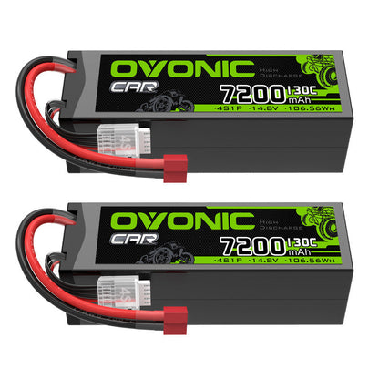 OVONIC 4S 7200mAh 14.8V 130C hardcase LiPo battery 2-pack with T plug and 4S balance leads