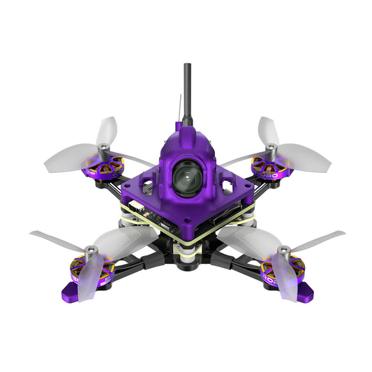 Firefly Nano Baby V3 micro quad drone with purple canopy, front camera lens, top antenna, and four propellers