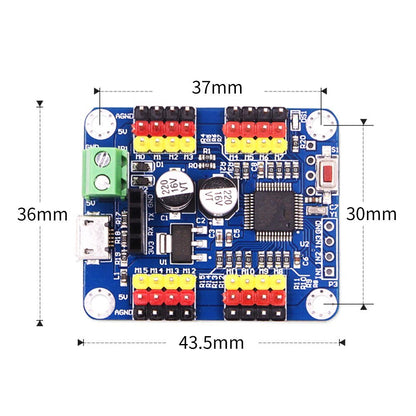 16-Channel Bluetooth PWM servo controller board dimensions diagram showing 43.5 mm x 36 mm layout