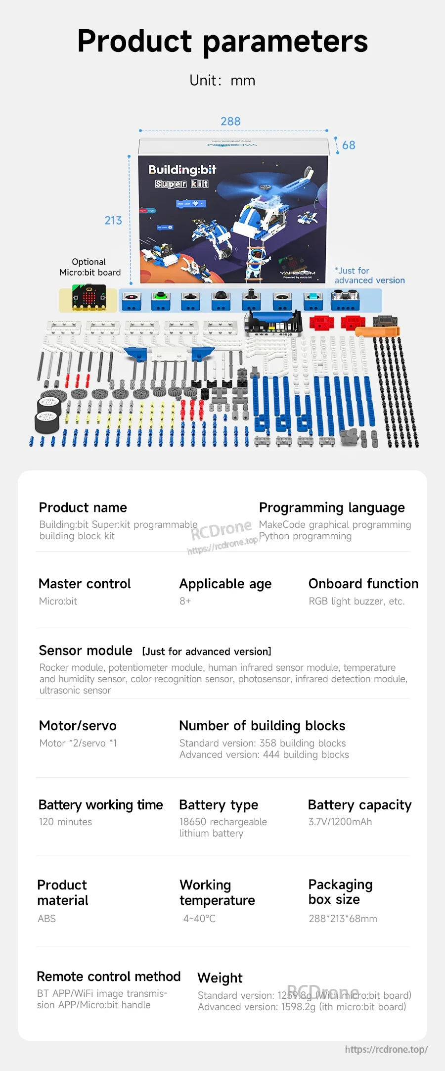 Yahboom Building:bit Super Kit parts layout with beams, wheels, motors, sensors, and optional micro:bit board size guide