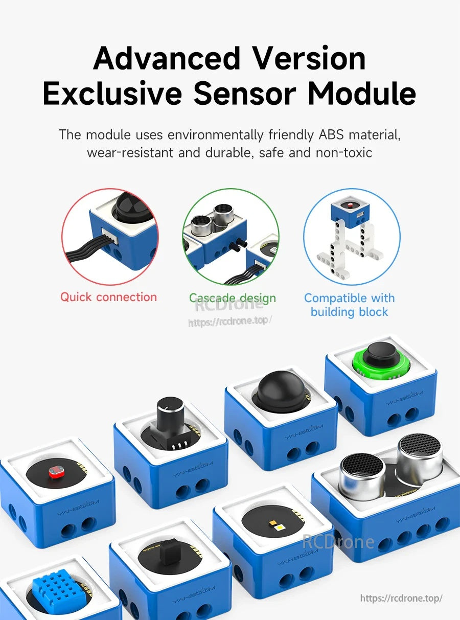 Advanced version sensor functions poster with build examples: ultrasonic, IR detection, potentiometer, color