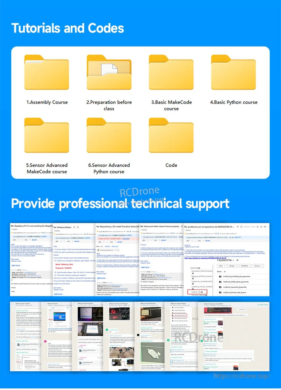 Tutorials and codes screen with course folders for assembly, MakeCode, Python, and sensor advanced lessons
