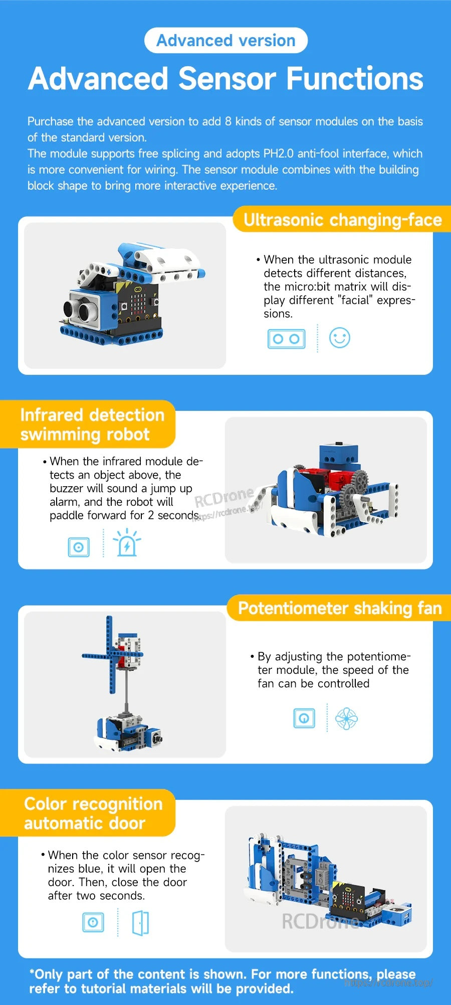 Standard version: 80+ interesting functions with example builds like spider, airplane, clip robot, auto-door