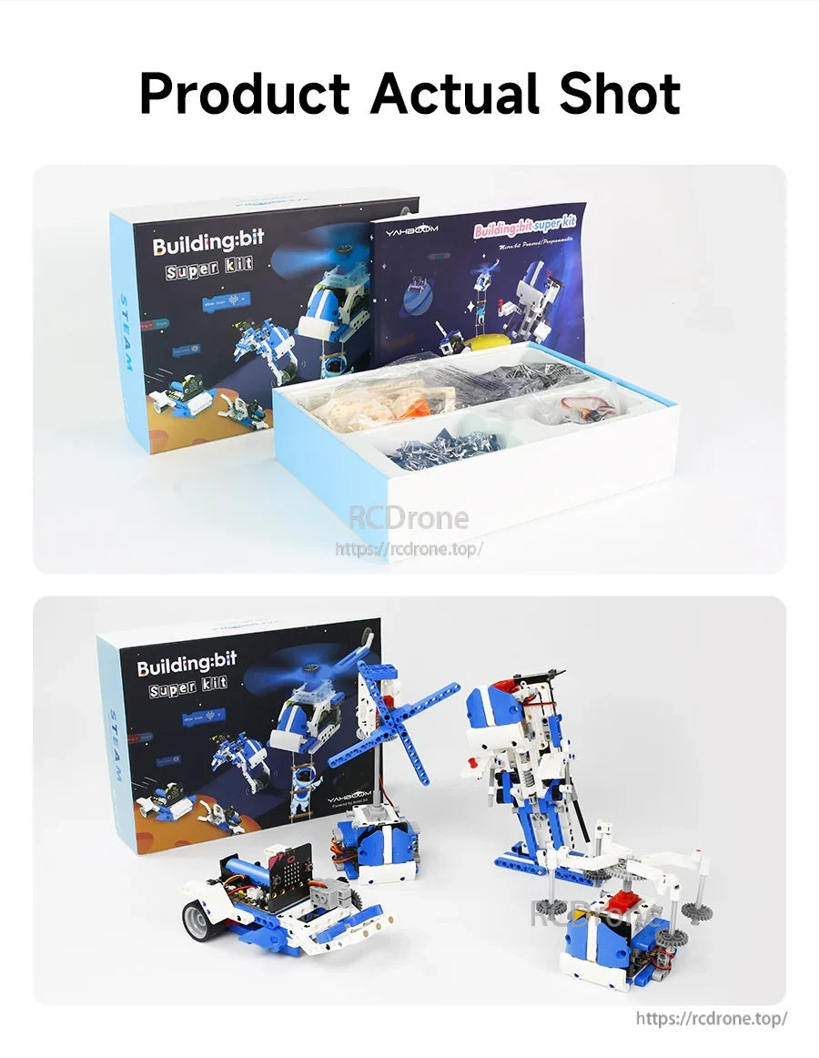 Yahboom Building:bit Super Kit box with sorted parts and sample blue-and-white builds like a rover and arm