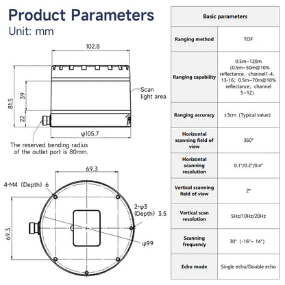 WLR-720 LiDAR product parameters diagram with dimensions and TOF ranging specs table