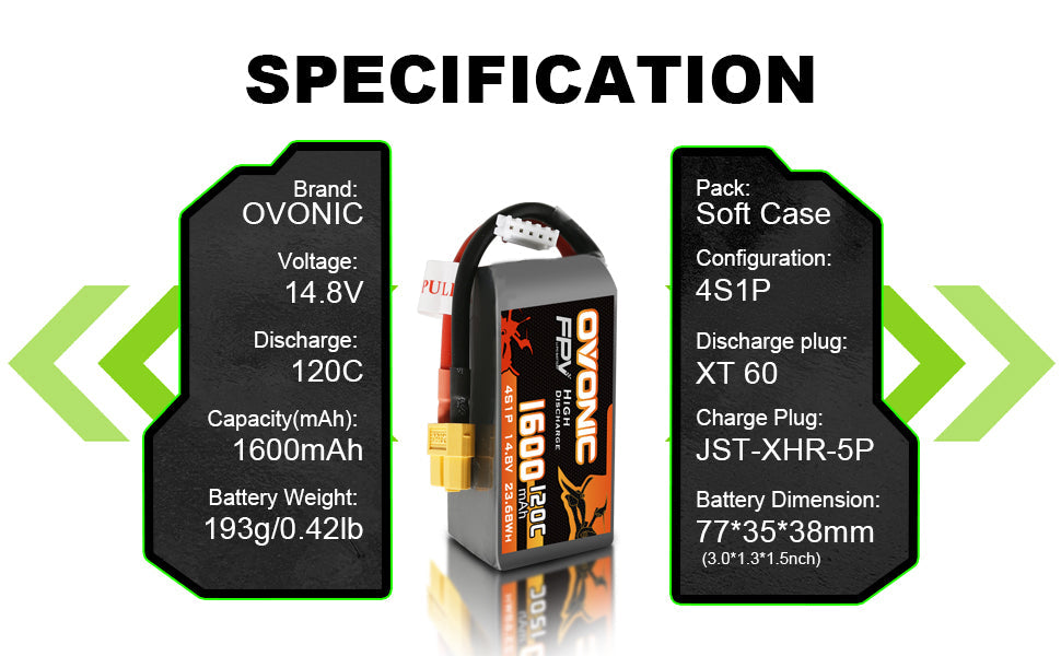 Ovonic 4S 14.8V 1600mAh 120C LiPo battery specifications with XT60 plug, JST-XHR-5P and 77×35×38mm