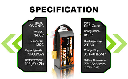 Ovonic 4S 14.8V 1600mAh 120C LiPo battery specifications with XT60 plug, JST-XHR-5P and 77×35×38mm