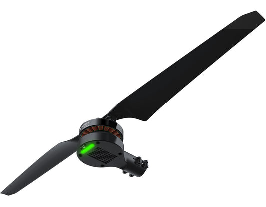 T-Motor drone motor with two-blade propeller, compact housing, and green status LED on the base