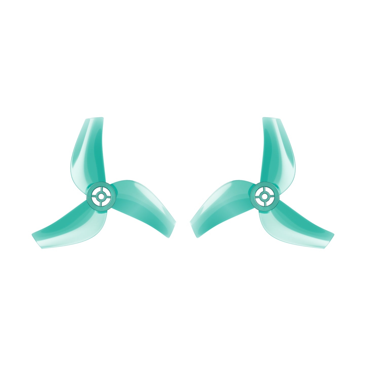 Flywoo 1611 3-Blade Propeller, Pair of teal Flywoo 1611 three-blade drone propellers with round center hubs on a white background