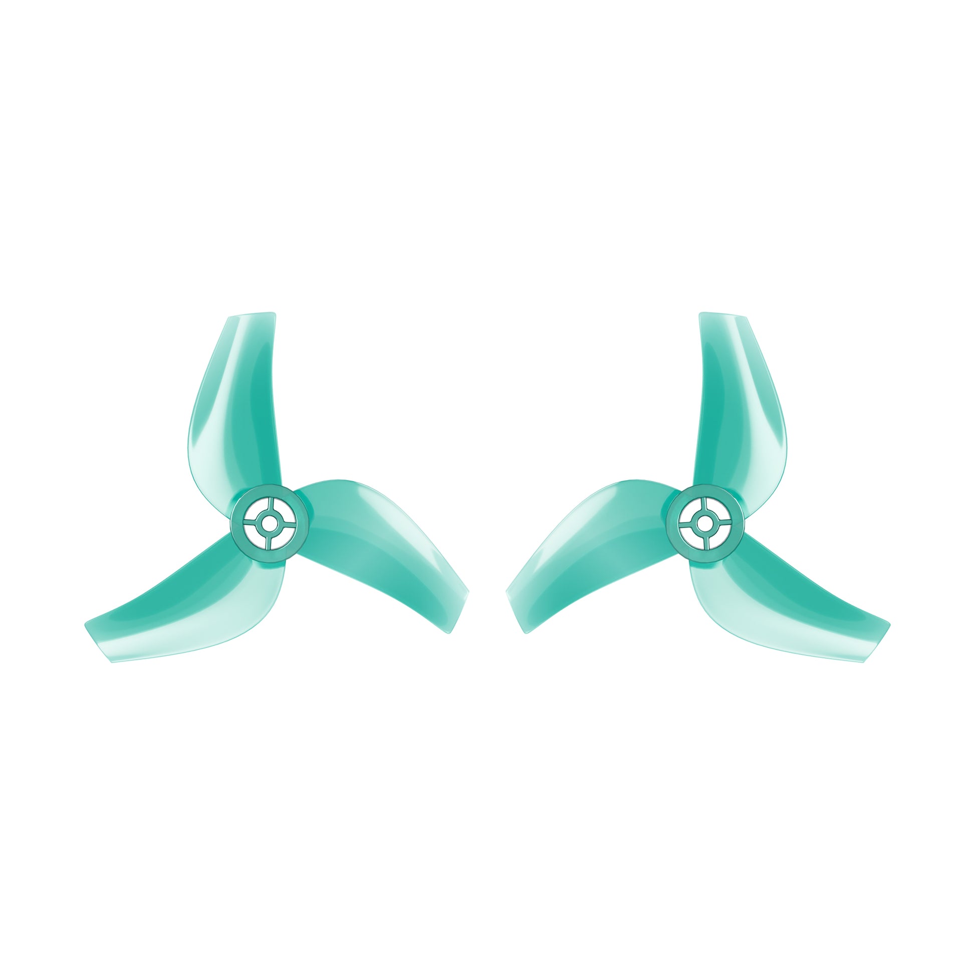 Flywoo 1611 3-Blade Propeller, Pair of teal Flywoo 1611 three-blade drone propellers with round center hubs on a white background