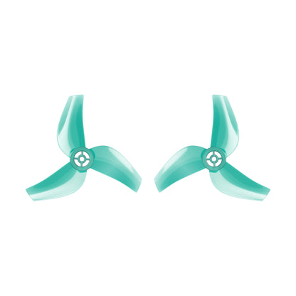 Flywoo 1611 3-Blade Propeller, Pair of teal Flywoo 1611 three-blade drone propellers with round center hubs on a white background