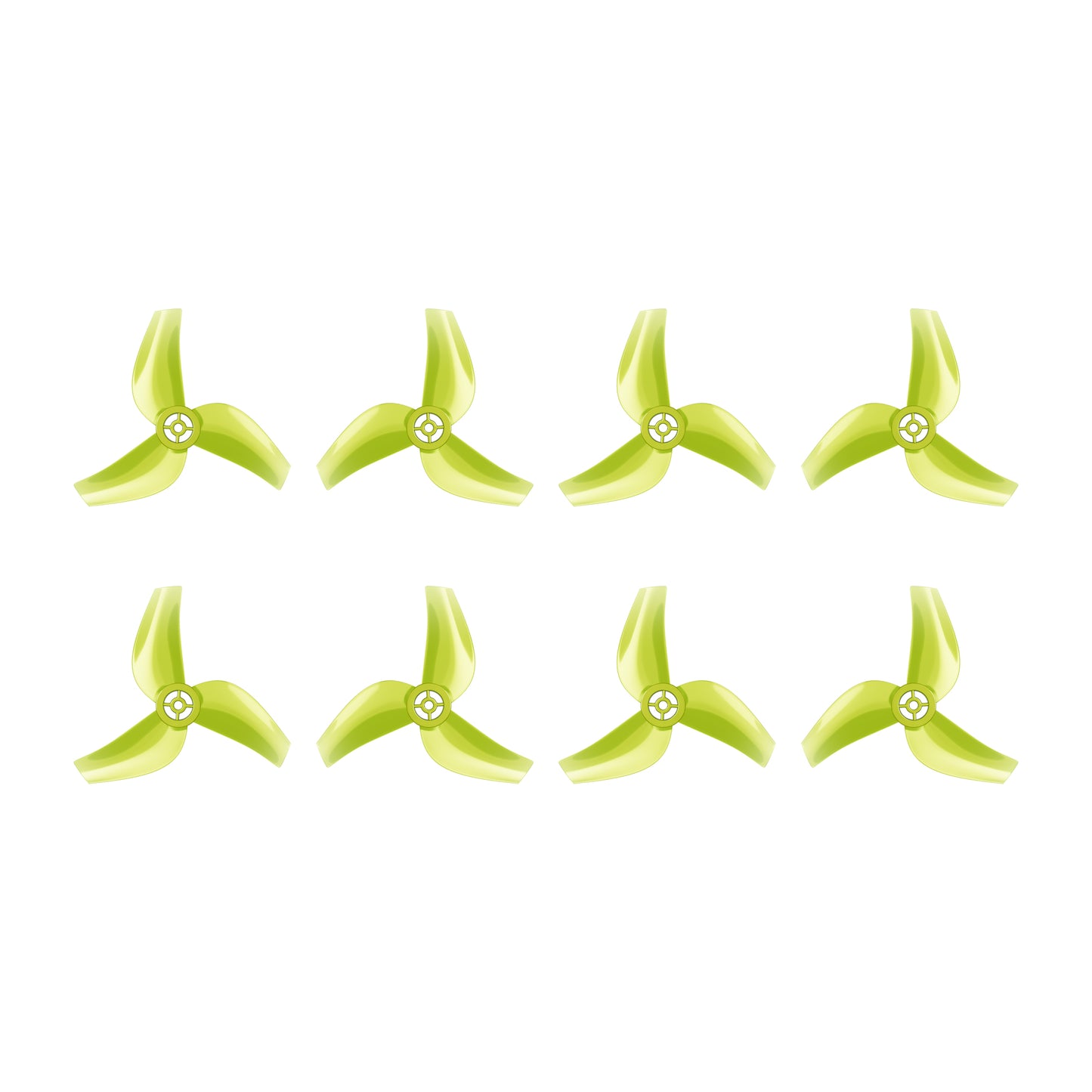 Flywoo 1611 3-Blade Propeller, Set of lime green Flywoo 1611 three-blade FPV drone propellers with hub mount, arranged in two rows