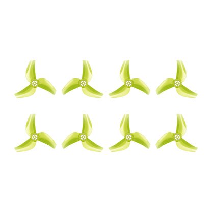 Flywoo 1611 3-Blade Propeller, Set of lime green Flywoo 1611 three-blade FPV drone propellers with hub mount, arranged in two rows