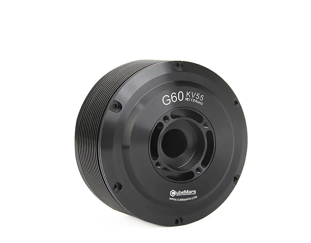 CubeMars G60 KV25 KV55 Gimbal Motor, CubeMars G60 KV55 gimbal motor: 24V, 0.6Nm torque, 1.75Nm peak, hollow shaft, 0.01° accuracy, FOC control.