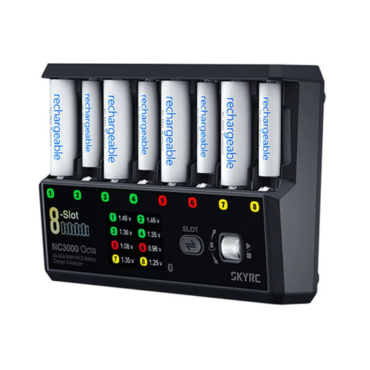 SKYRC NC3000 Octa 8-slot AA/AAA battery charger analyzer with eight bays, status LEDs, and control knob