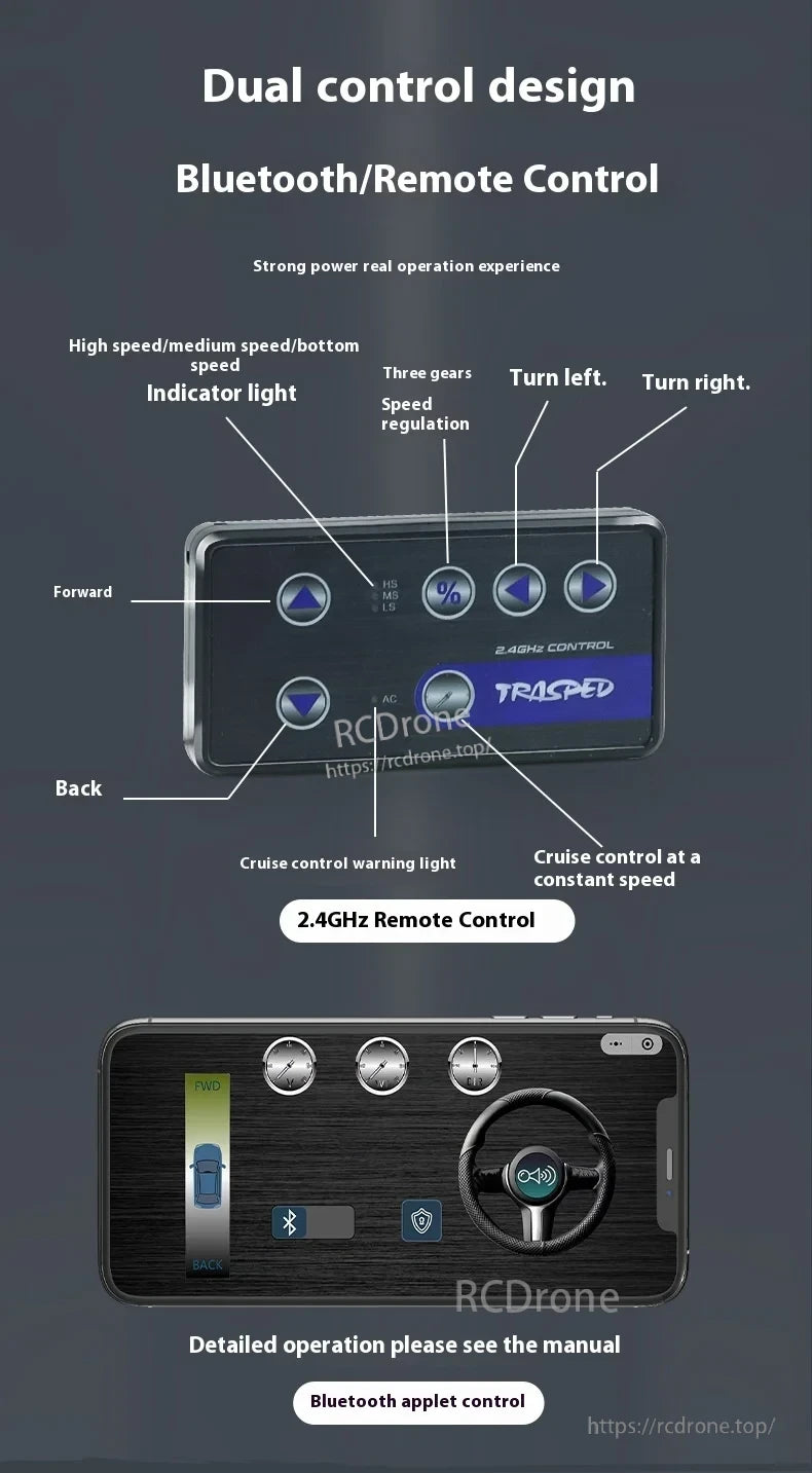 1:64 Mini Alloy Rc Car, Dual control via Bluetooth and remote; includes speed, direction, cruise control, and 2.4GHz operation. Full details in manual.