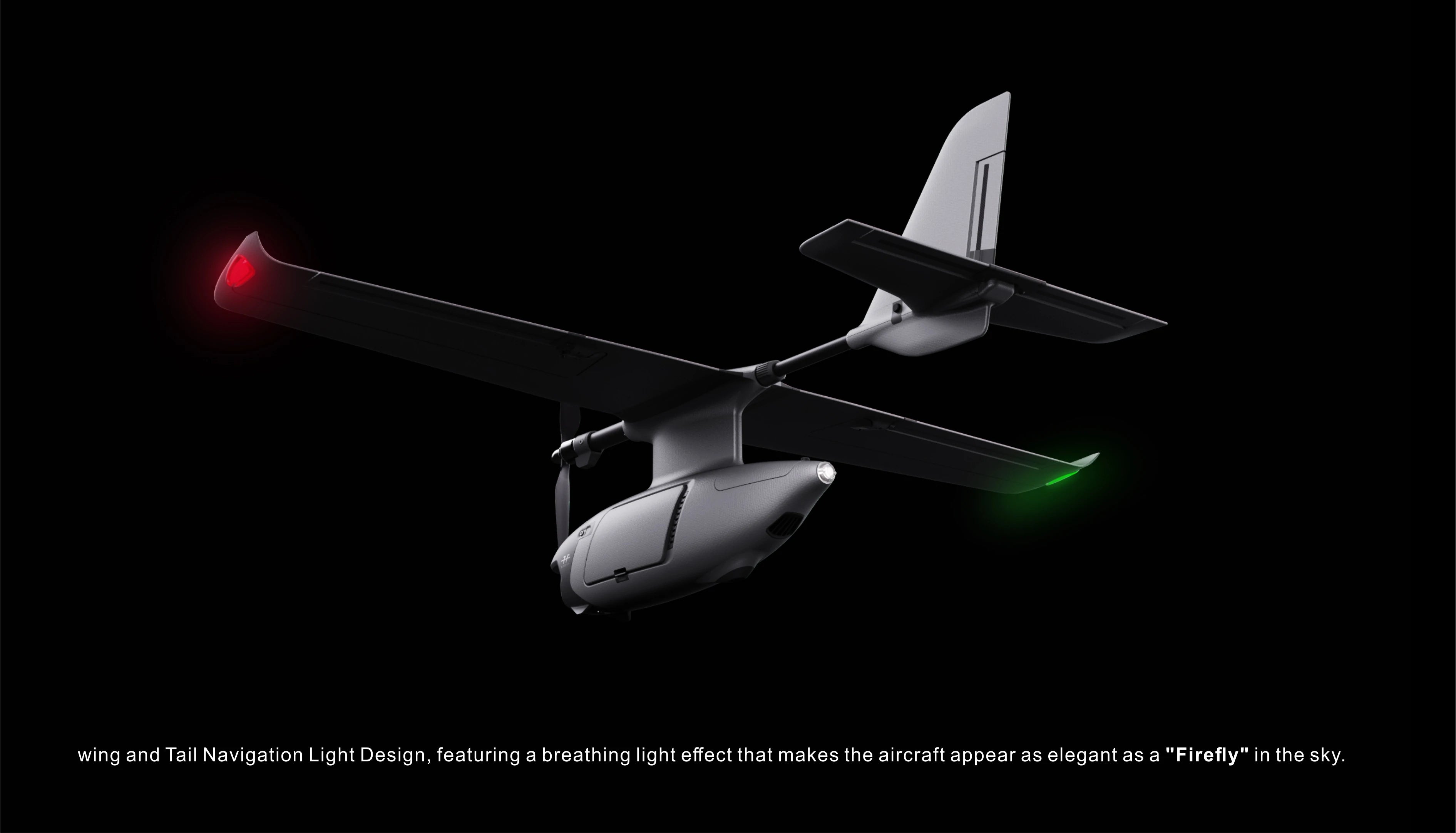 Firefly-inspired lighting with a glowing breathing effect on a wing and tail navigation light.