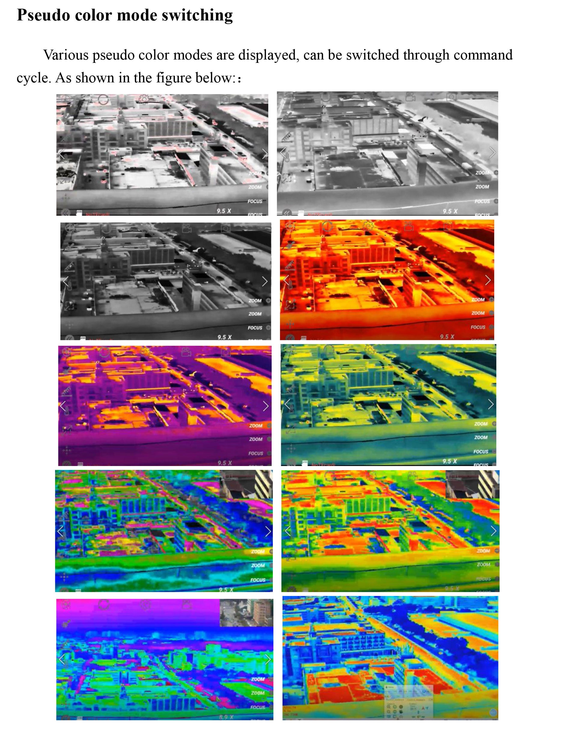 TOPOTEK KIP10-G6 Drone Camera Gimbal - 10x Optical Zoom Visible light 3-axis Gimbal camera+ 640x512 thermal imaging 3-axis Gimbal camera, interchangeable, IP output 9 TOPOTEK KIP10-G6 Drone Camera Gimbal, Switch between pseudo color modes with command inputs: illustrated.