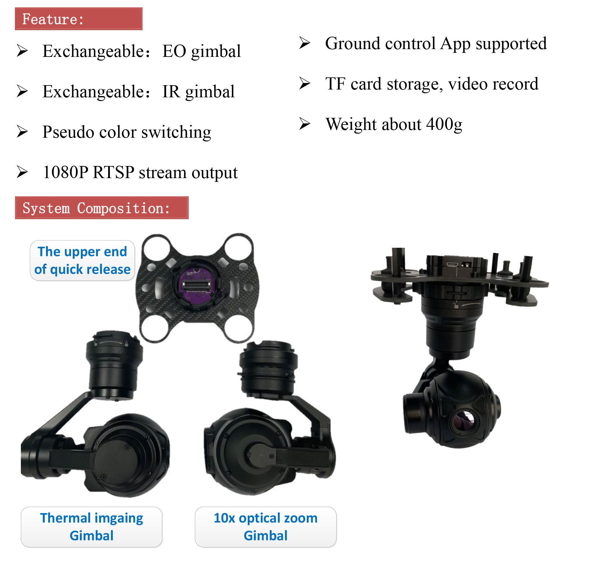 TOPOTEK KIP10-G6 Drone Camera Gimbal, Thermal camera features interchangeable gimbals, video recording, and RTSP streaming, weighing around 400g.